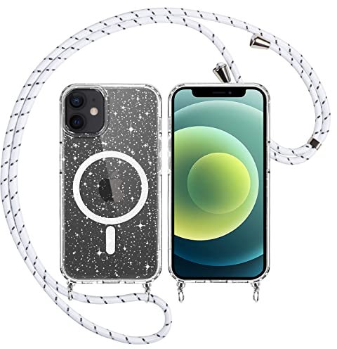 Yoedge Transparent Glitzer Magnetische Handykette Handyhülle Kompatibel mit MagSafe für iPhone 12/12 Pro Hülle mit Band 6,1, Sparkle Schutzhülle Built in Magnet Clear Cover für iPhone12 Pro Case,Weiß