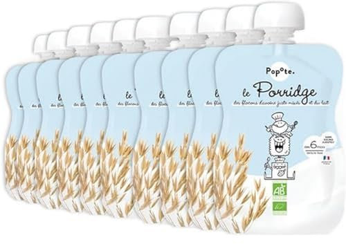 POPOTE - Brassé façon Porridge au Lait de Vache + Avoine sans sucre Texture Lisse dès 6 mois - Pack de 10 gourdes x 100g