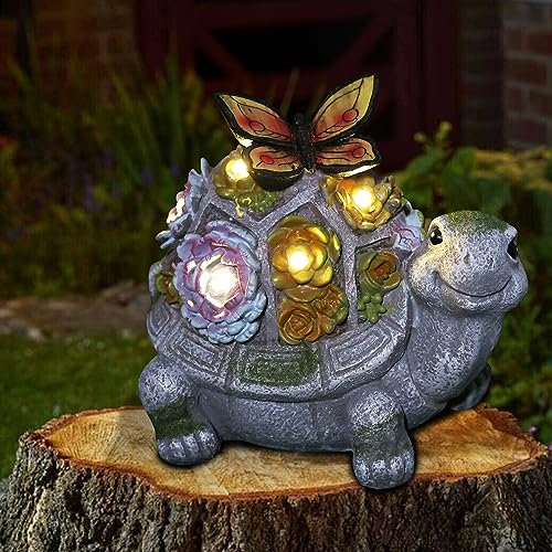 Attivolife Schildkröte Solar Garten Outdoor Statuen mit Sukkulenten 7 LED Licht, Terrassen Rasen Balkon Hof Ornament Kunst Dekor, Muttertag Einweihungs Geburtstagsgeschenk für Mama Frauen Oma