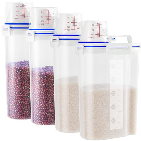 Lot de 4 distributeurs de riz de 4,5 kg, petit seau à riz avec tasse à mesurer et bec verseur, récipient hermétique en plastique pour céréales, céréales, farine, sucre, flocons d'avoine, nourriture