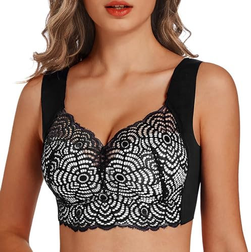 Vertvie Damen Komfort BH Ohne Bügel Push Up Nahtlos Sport BH Gepolstert Spitzen Bra Weich Seamless Stretch Bustier Mittel Halt Bügellos Klassische Top für Alltag (Schwarz Durchsichtig, EU XL/Tag 3XL)