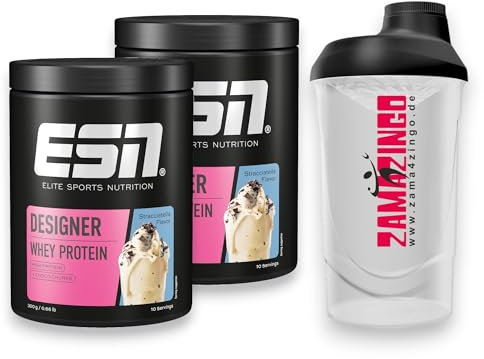 2x ESN Designer Whey Protein Straciatella 300g | Hochwertiges Eiweißpulver und Nahrungsergänzungsmittel für effektiven Muskelaufbau | Gratis Zama4zingo Protein Shaker 600ml