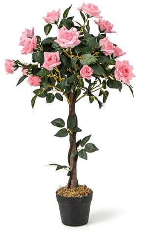 TANGZON 90CM/120CM Artificial Rose Tree, Faux Potted Plant with 21/30 Roses & 259/345 Leaves, Indoor Outdoor Decorative Blooming Flowers Plant for Living Room Garden (Pink, 90cm, 1 Pack)
