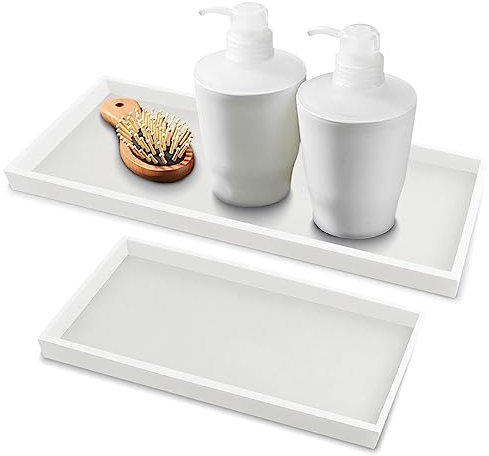 2 Packs Silicone Vanity Tray, Large & Small Bathroom Trays for Counter, Dish Soap Holder for Kitchen Sink, Rectangle Perfume Key Toilet Dresser Organizer Tray Decor (white)