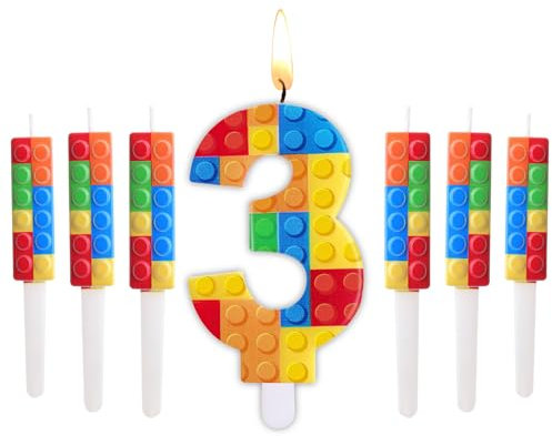 Herdear 7 Stück Baustein Nummer 1-9 Geburtstagskerze mit 6 Bausteine Kuchen Kerzen Zahlen Geburtstagskerzen für Baustein Party Kuchen Deko Geburtstag Dekoration Party Zubehör (Nummer 3)