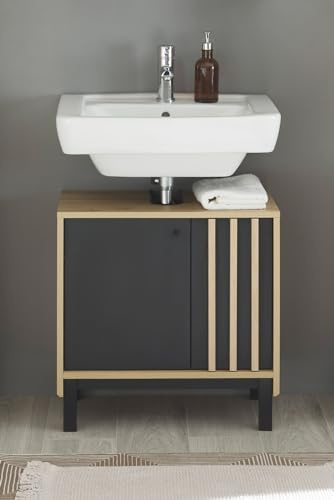 möbelando Waschbeckenunterschrank >Vassili< in Schwarz-Eiche Artisan Nachbildung