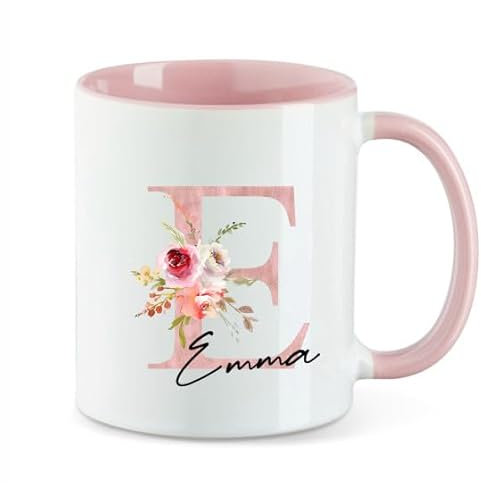 AWASG Tazza con fiori floreali lettera rosa – Personalizzata con nome, tazza da caffè ringraziamento regalo – ceramica 330 ml (rosa)