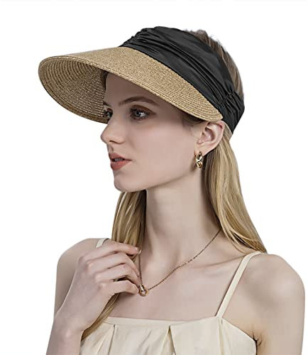 JIAHG Casquette Visière en Paille Femme UV Protection Chapeau de Paille d'été Haut Vid avec Bandeau Élastique Extensible Visière de Soleil pour Voyage Camping Randonné Cyclisme Pêche Golf