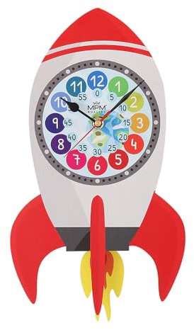 MPM Quality Kinder-Pendeluhr, Rakete, Wanduhr Holz, Made in EU, Design, Kinder Holz Wanduhr, Wood Wand-Deko, Kinder Tier Motiv, 200 x 350 x 35 mm, Dekoration für Kinderzimmer, Schule, Kindergarten