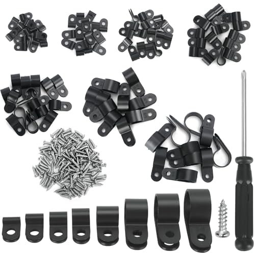 221 Piece Nylon Cable Clamps for Screwing Set, 8 Sizes R Type Cable Holder Screwable, Thick Cable Clamps Black, Cable Clamps with 110 Screws & Screwdriver for Cable Management
