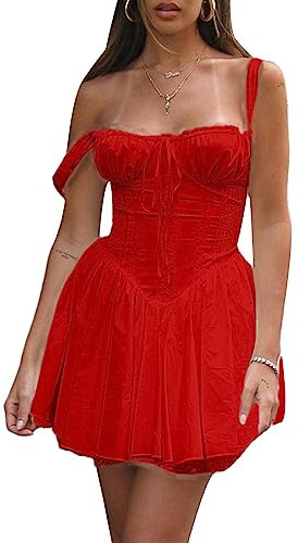 SANSIWU Women Off Shoulder Corset Mini Dress Casual Puff Short Sleeve Backless Ruched A-line Dress Boho Ruffle Beach Short Dress (B-Red, XL)