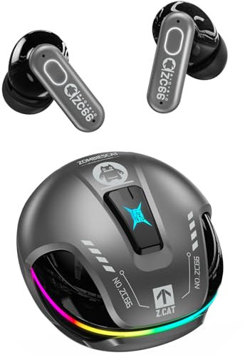 ZOMBIES CAT Bluetooth-Kopfhörer Bluetooth-Kopfhörer Wiedergabe 60H Rauschunterdrückung tiefe Bass-Kopfhörer Wireless Bluetooth 5.4 RGB Light Sport Kopfhörer für Android iOS, B5 Grau