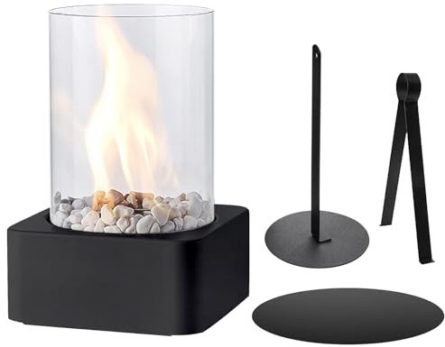 Chimenea redonda de mesa portátil, chimenea de bioetanol sin deducción, chimenea de bioetanol de mesa con piedras decorativas para mesa, hogar, cocina, salón, jardín (negro)