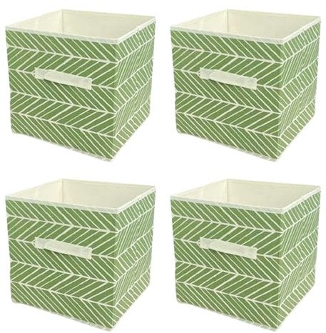 JF HOME BLISS 4 Pcs Cube Storage Box Collapsible Organizer Bin 27x27x28cm Cubes Fabric Storage Bins with Handles Open-Top Toys Box for Closet Shelves Drawer Bedroom Green Striped