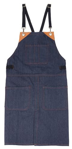 sourcing map Delantal de chef ajustable de sarga con patas divididas, refuerzo de cuero, con 6 bolsillos, para hombres y mujeres, azul, 90cm x 66cm