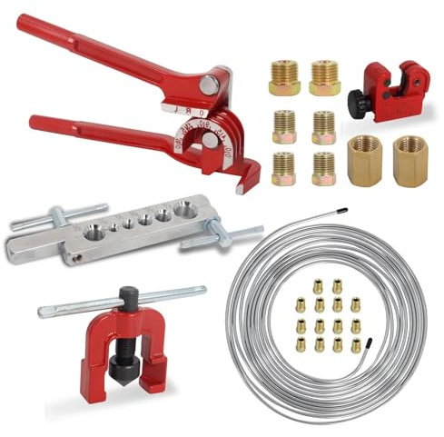 Poweka Kit D'outils pour ÉLargir Les Conduites de Frein,Conduite de Frein 7,6 m 4,7 mm (16 Raccords et 4 Connecteurs), Cintreuse de Conduite de Frein, Outil D'évasement Double et Simple, Coupe Tubes