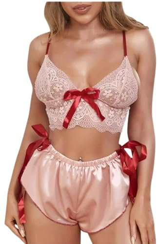 PARUPRUP Women Sexy Lace Bra and Satin Panty Set Bralette Lingerie 2 Piece Babydoll Nightwear (Pink, One Size)