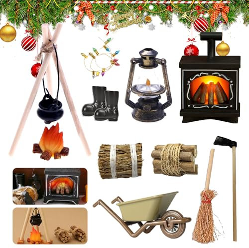 Wichtel Kamin mit Licht,Miniatur Wichtel Zubehör Weihnachten Set,Wichtel Zubehör Feuerstelle,Wichtel Zubehör Kamin,Kerosinlampe,Hacke,Heuhaufen,Brennholz,für Puppenhaus Zubehör