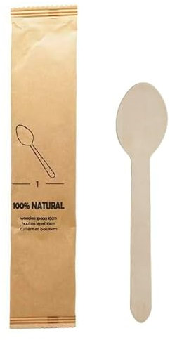 Monouso | 50 Cucharas de Madera Enfundadas Individualmente, 16cm, Color Natural, Envasadas, Cucharas para Aperitivos, Entrantes, Eventos, Catering