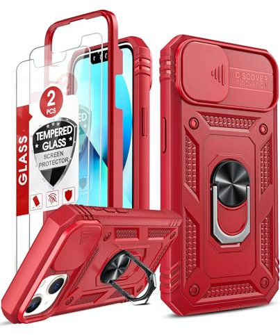 LeYi Cover per iPhone 13 con Vetro Temperato [2 Pack],Custodia iPhone 13 con Protezione Fotocamera [Slidable] Antiurto Armor 360° Anello Supporto TPU Bumper Custodie 6.1'', Rosso
