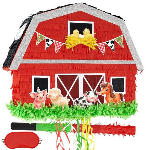 WERNNSAI Geburtstags Piñata – Bauernhof Geburtstags Piñata Dekoration für Jungen Kinder Scheunen Piñata mit Kordelzug Stab und Augenbin Scheunen Traktor Geburtstagsparty Familienspiel Deko Zubehör