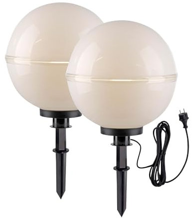 Just Light Gartendeko Erdspieß Gartenlampe Kugellampe Stecklampe Terrassenlampe Kugelleuchte Außenlampe, 5m Kabel + Stecker, Kunststoff weiß schwarz, E27,DxH 40x71 cm, 2er Set
