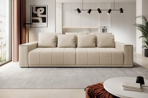 DomoHome Motta Bigsofa – Großes Sofa mit Bettfunktion, Liegefläche 175x228cm, 7-Kissen inklusive, Kansas-Stoffbezug, Zwei Bettkästen, Größe: 278x130x83cm, Farbe: Beige