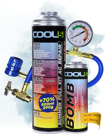 R134a Kältemittel Nachfüllset COOL5 5in1 - A/C Reparatursatz, AC, R134a Kältemittelersatz für Klimaanlagenbefüllung für Fahrzeuge 1995-2016 + Messschlauch + Refresher Bombe + Universalreiniger 500ml