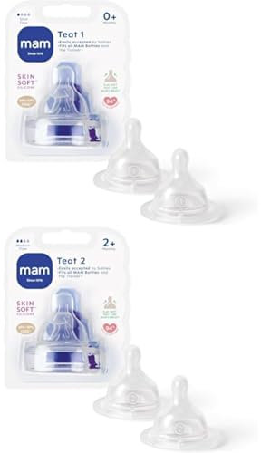 MAM Teats Size 1, Suitable for Newborns, Slow Flow SkinSoft Silicone Teats for Baby Bottles, Fits All MAM Bottles, Pack of 2 + MAM Teats Size 2, Pack of 2