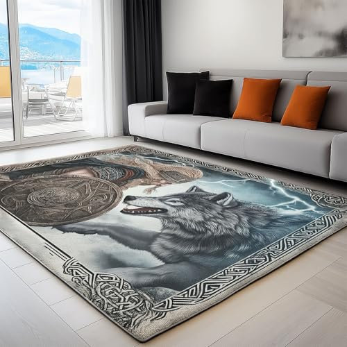 Teppich rutschfest für Holzfußboden 160 x 230 cm - Wikinger Wolf Kampf Thema dünner Flachflor mit Gummiunterlage, ideal für Mietwohnungen Wohnzimmer & Flur Allgemeiner Raum
