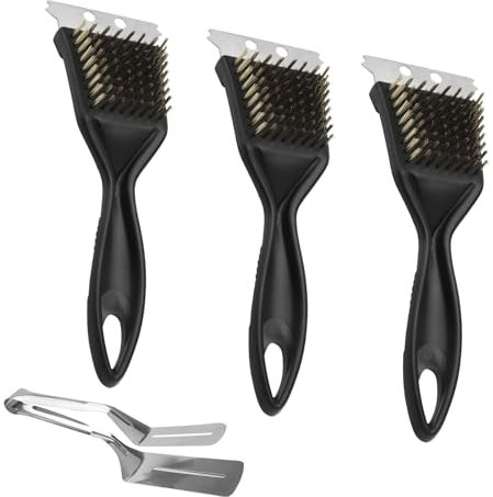 APOMOONS 3pcs Brosse Barbecue avec 1pcs Pince de Barbecue en Acier Inoxydable,Brosse BBQ avec Grattoir,Brosse à Barbecue pour Grille en Fonte Brosse de Barbecue en Laiton pour Nettoyage de Barbecue