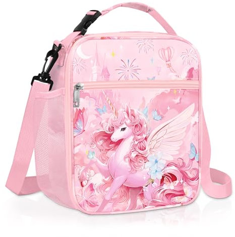Clastyle Princess Insulated Kids Lunch Bag Firework Large Thermal Cooler Bag for Girl Picnic School Lunch Box Tote,Pink Unicorn Angle