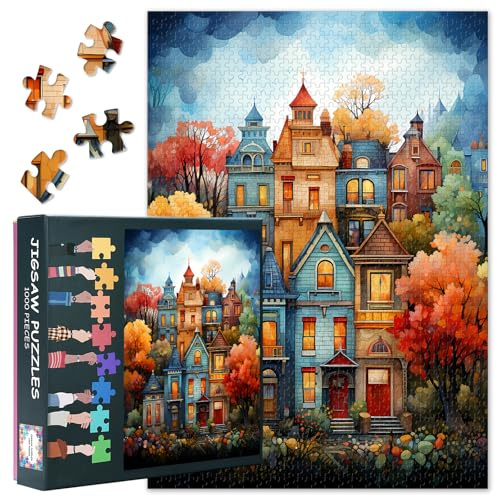 Puzzles 1000 Teile, EIN Farbiges Haus mit Bäumen Puzzle Erwachsene, Blauer Himmel 1000 Teile Puzzles für Erwachsene, 70 x 50 cm Puzzle Impossible Geschicklichkeitsspiel für die Ganze Familie