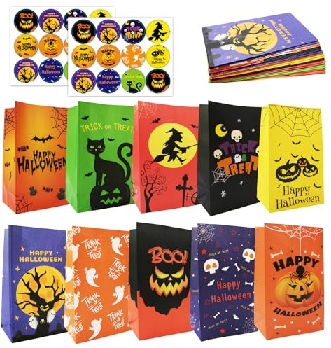 PartyYaa Halloween Candy Tüten, 20 Stück Papiertüten mit Stickern für Leckereien, Halloween Party Tüten für Süßes oder Saures, Mini Geschenksäcke Party Zubehör für Kinder