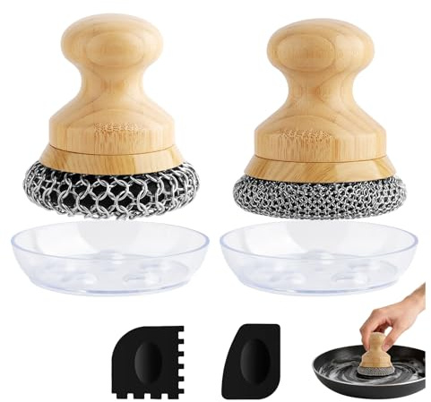 Scrubber for Cast Iron Pan, Pot Cleaner with 2 Scrapers,Chain Mail Cleaning Brush for Dishes, Pots, Pans, Griddles, Grills(Small&Large Chain Mail,2pcs)