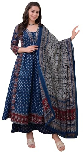 ANNI Designer Women's Pure Cotton Anarkali Kurta Dupatta & Plazzo Set, Full Set Hand Block Print, Elegant Dress, Cotton Kurta Set for Women