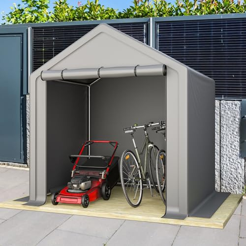 LARFOEK Fahrradgarage 190x170x200cm Geräteschuppen Winterfest Lagerzelt Carport Wasserdichtes mit Rolltor, Ideal für Fahrräder, Gartengeräte, Grau (190x170x200cm)