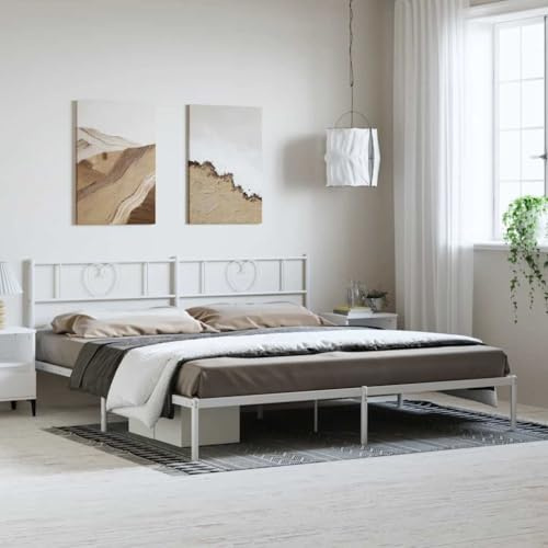 Tonture Bettgestell mit Kopfteil, Metall Weiß, 183x213 cm, Robustes Doppelbett für Schlafzimmer, pulverbeschichteter Stahl, erhöhte Plattform für Stauraum