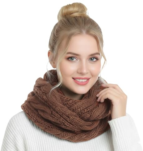 Barelove Women Thick Cable Knit Ribbed Infinity Circle Loop Scarf Winter Cold Weather Warm Scarves (Khaki)