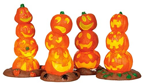 Spooky Town Lemax Kürbisstapel B/O, 4 Stück | Gestapelte Jack-o'-Lanterns leuchten von innen, 3 AA-Batterien oder Lemax Netzteil, gruseliges Dorf-Display