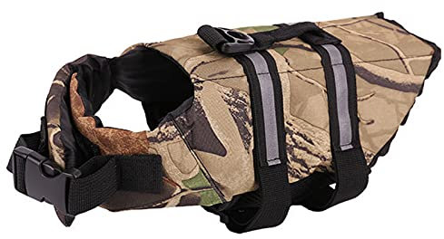 PJDDP Dog Life Jacket Vest, Saver Sicherheit Badeanzug Erhalter Mit Reflektierenden Streifen, Justierbarer Haustier Schwimmweste-Jacke Für Schwimmen, Bootfahren, Jagen,Camo,M