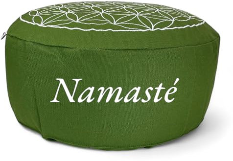 Meditationskissen Blume des Lebens H: 15 cm olive Kordelzug waschbar personalisierter Bio-Dinkelspelzen