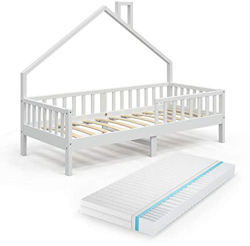 VitaliSpa Hausbett 90x200 cm Noemi mit Matratze - Weiß 208x155x93 cm gefertigt aus Holz - Bett perfekt für Kinder, hausähnliches Design für behagliches Schlaf