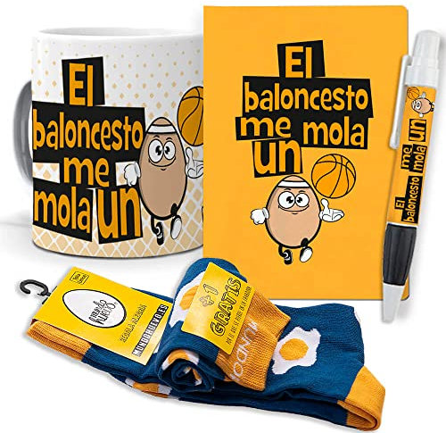 Super Regalo Personalizado y Divertido. El Baloncesto me Mola un Huevo. Taza, libreta, boli y Trio de Calcetines