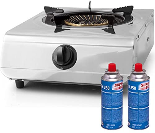 Pack Edelstahl-Gaskocher. Innen und Außen + 2 Gaskartuschen für Butan und Propan, je 220 g