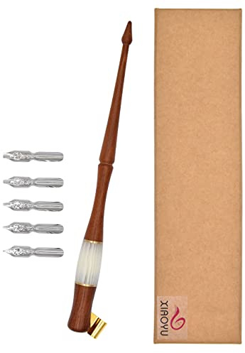 XIAOYU schräges Holzstift-Set, Kalligraphie-Set für Anfänger, 5 Kalligraphie-Dip-Pen-Spitzen, braun