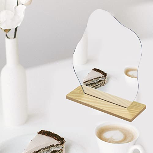 Kikuo Acryl Unregelmäßiger Spiegel, Rahmenloser Asymmetrischer Spiegel, Unförmiger Kosmetikspiegel mit Holzsockel für Bathroom Wohnzimmer und Aesthetic Room Décor