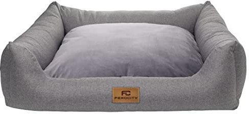 Ferocity Hundebett waschbares Hundesofa mit Rand und Wendekissen, Hundekissen aus Cordura und Samt, Grau und Flachs 60x55 [123]