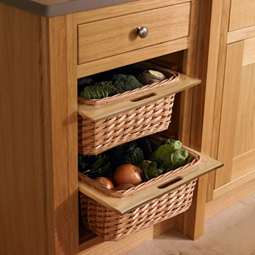 2 x Pull out Wicker Basket Drawer 500mm Kitchen Storage Solution Larder Base Unit Cupboard with Handle Rustic Beech Wood Farmhouse Style 100% Handmade Rattan FREE Fixing Kit Included – Brown