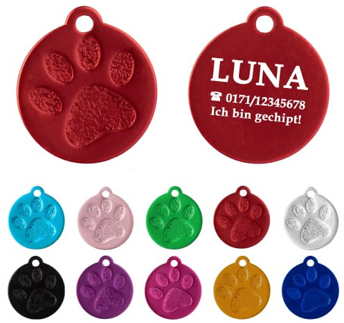 Ibera gifts - Hundemarke mit Gravur und personalisierte Hundemarke rund mit Pfote für kleine bis mittelgroße Hunde und Katzen (S-M, Rot)